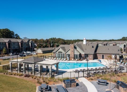 Resort-Style Sundeck at Pool at Emerald Creek Apartments, Greenville, SC, 29607