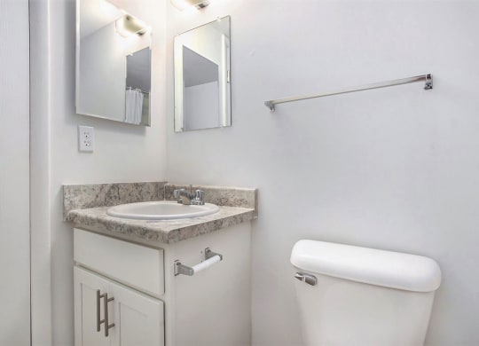 an updated bathroom with a sink and a toilet and a mirror at Fairlane Apartments in Springfield, MI