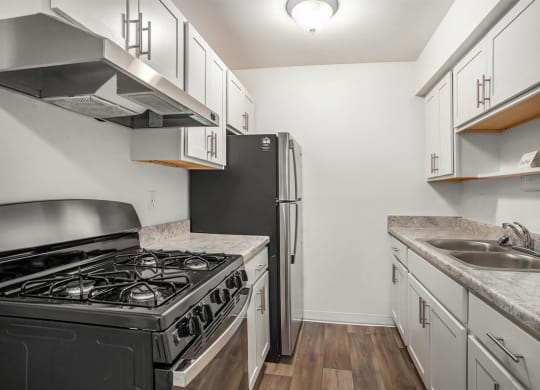 an updated kitchen with stainless steel appliances at Fairlane Apartments in Springfield, MI