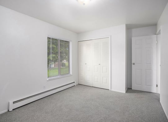 spacious bedroom with a closet and large window at Fairlane Apartments in Springfield, MI