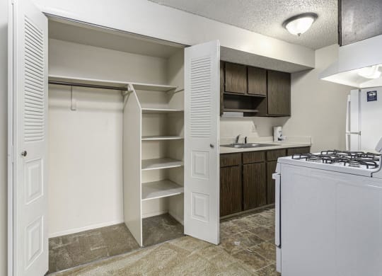 a kitchen with a closet and a stove and a sink at Fairlane Apartments in Springfield, MI