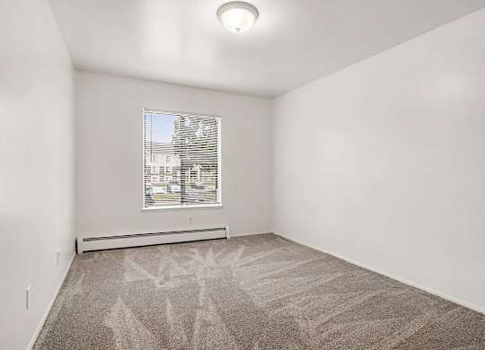 Vacant carpeted bedroom with window and heater at Fairlane Apartments, Springfield, MI 49037