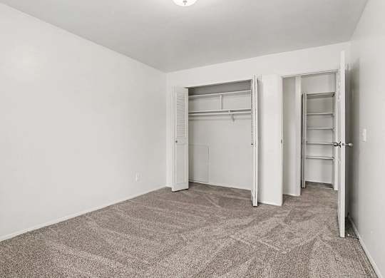 Empty bedroom with two closets and carpet flooring at Fairlane Apartments, Springfield, MI