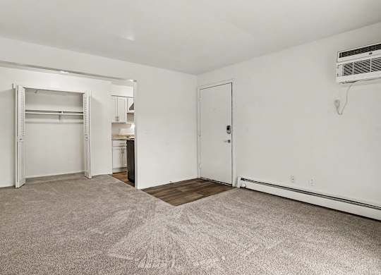 Studio with open closet and carpeted floor at Fairlane Apartments, Springfield, 49037
