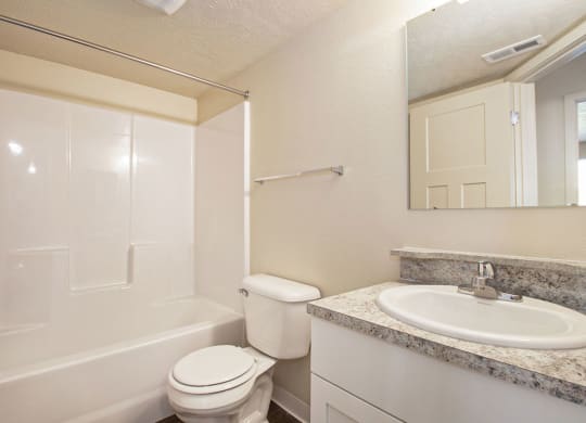 upgraded bathroom with a sink toilet and a mirror at Old Farm Apartments, Elkhart, Indiana