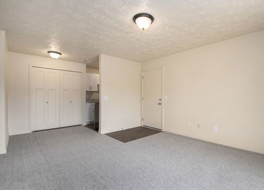 living room and kitchen with plush carpet at Old Farm Apartments, Elkhart, Indiana