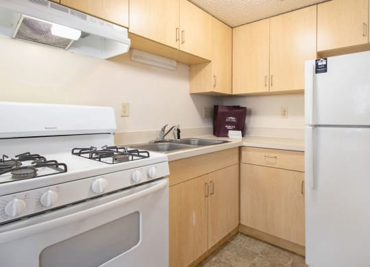 a studio kitchen with a stove refrigerator and a sink at Old Farm Apartments, Elkhart, Indiana