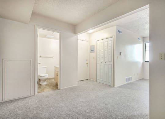 studio entry with plush carpet and bathroom at Old Farm Apartments, Elkhart, Indiana