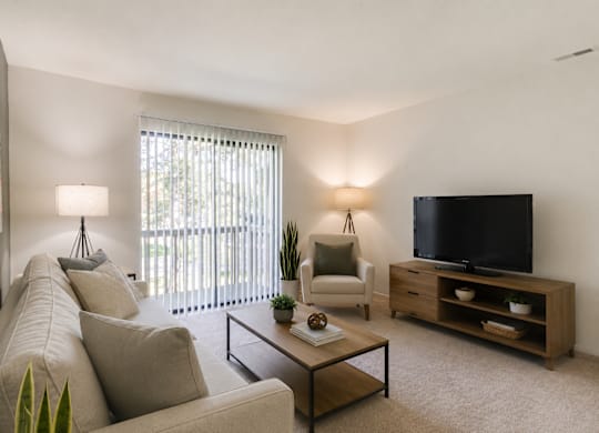 A living room with a couch, chair, and television.
