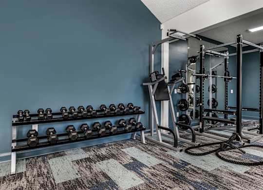 a gym with weights and a rack of dumbbells at Latitudes Apartments, Indiana, 46237