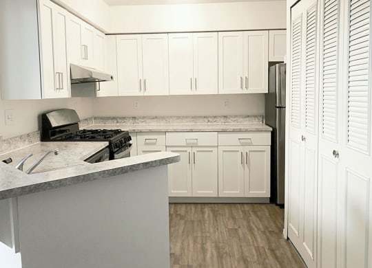 a kitchen with white cabinets and stainless steel appliances at Foxwood and The Hermitage, Portage