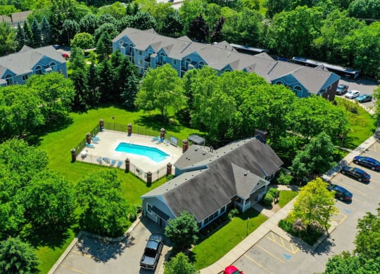 Ariel View of Pool with Large Sundeck at Foxwood and The Hermitage, Michigan