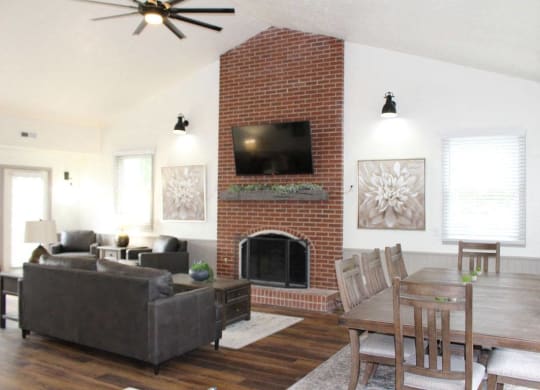 Beautiful Brick Fireplace Wall in Clubhouse at Foxwood and The Hermitage, Portage, MI