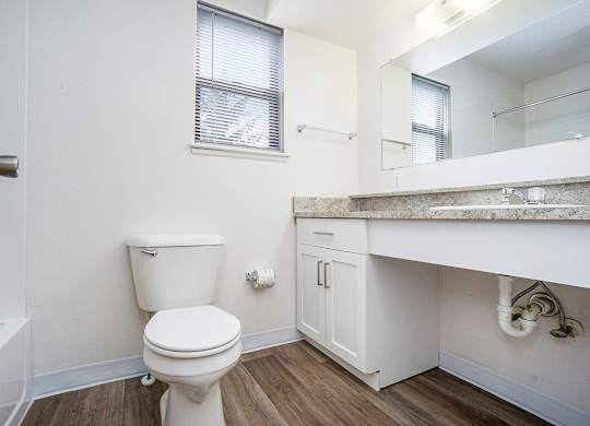 An upgraded bathroom with a window and hard-surface floor at Glenn Valley Apartments, Battle Creek, MI, 49015
