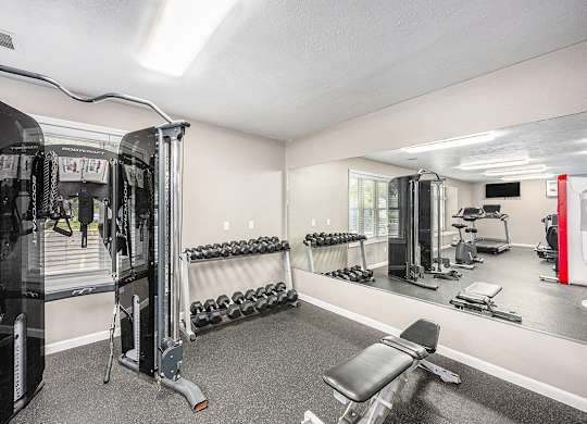 A well-equipped gym with a variety of machines and weights at Gull Prairie/Gull Run Apartments and Townhomes, Kalamazoo