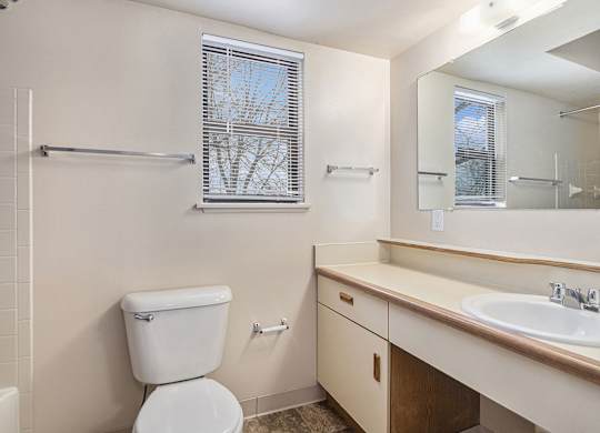 A bathroom with a sink, mirror, and window at Gull Prairie/Gull Run Apartments and Townhomes, Kalamazoo, 49048