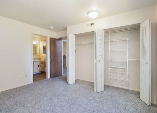 a bedroom with a large closet and plush carpet at Gull Prairie/Gull Run Apartments and Townhomes, Kalamazoo, MI
