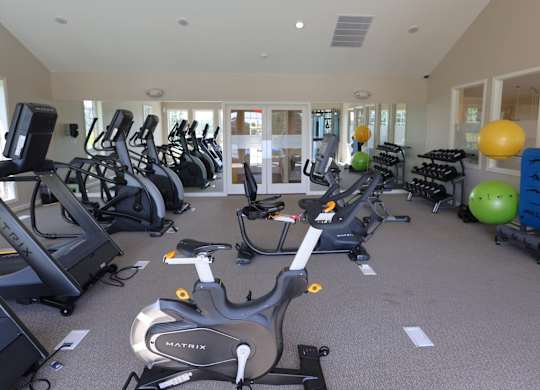 A gym with a variety of exercise equipment including treadmills, stationary bikes, and weight machines.