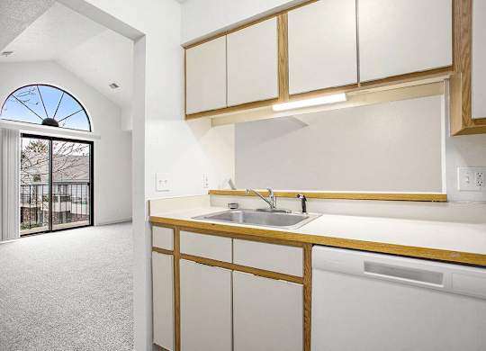 a kitchen with a dishwasher and a view at Hampton Lakes Apartments, Michigan, 49534