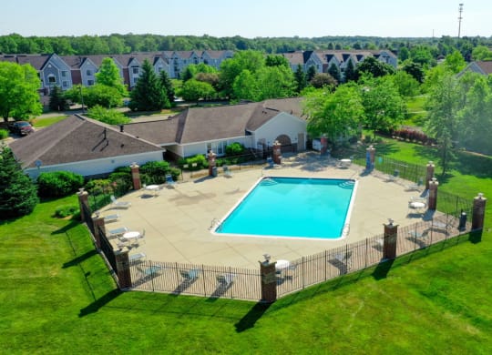 Aerial View of Beautiful Outdoor Pool at Heatherwood Apartments, Grand Blanc