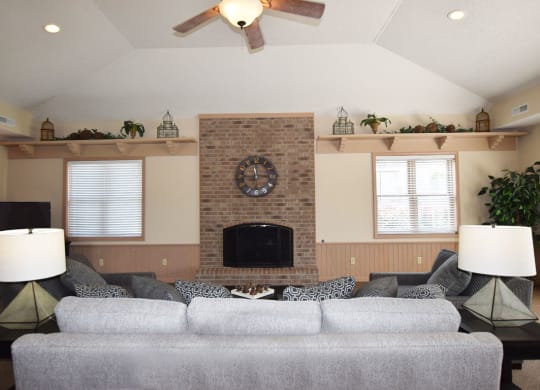 Clubhouse Fireplace Lounge Area at Heatherwood Apartments, Grand Blanc 48439