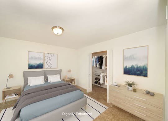 a bedroom with a bed and a closet at Foxwood and The Hermitage, Portage