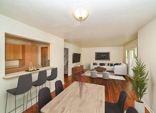 a view of the living room and dining room from the kitchen at Foxwood and The Hermitage, Portage