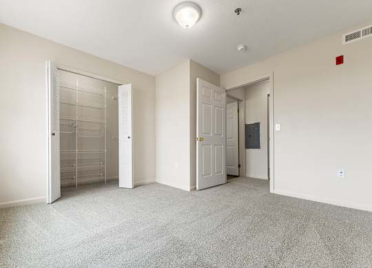 A bedroom with a carpeted floor and a walk-in closet with organizers at Hunters Pond Apartment Homes, Champaign, IL, 61820