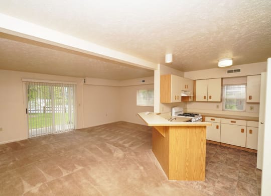 End style kitchen and living room leading to a private patio at Hurwich Farms Apartments, Indiana