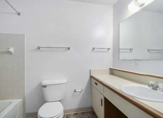 a bathroom with a sink toilet and a mirror at Hurwich Farms Apartments South Bend, Indiana