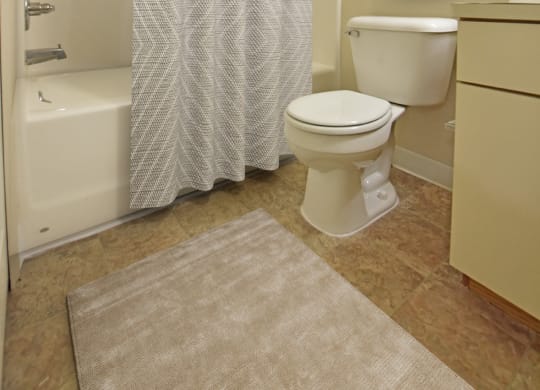 a bathroom with a toilet and a tub and a shower curtain at Heatherwood Apartments, Grand Blanc