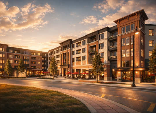 Modern apartment building exterior at sunset at Icon on Main Apartments, Indiana, 46032