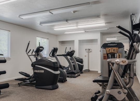 an exercise room with treadmills and other exercise equipment at Polo Run Apartments, Greenwood