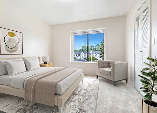 A spacious bedroom with a large bed and window at Indian Lakes Apartments, Indiana, 46545