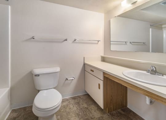 a bathroom with a toilet sink and a mirror at Indian Lakes Apartments, Mishawaka, IN