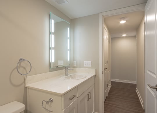 a bathroom with a sink and a mirror at Hillside Apartments, Michigan, 48393