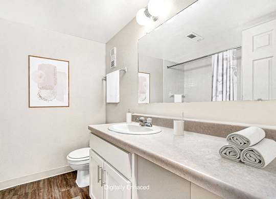 An upgraded bathroom with a toilet, sink, and large vanity with a mirror at Irish Hills Apartments, South Bend, Indiana