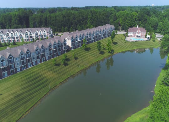 Drone View of Community Lake at LakePointe Apartments, OH 45103
