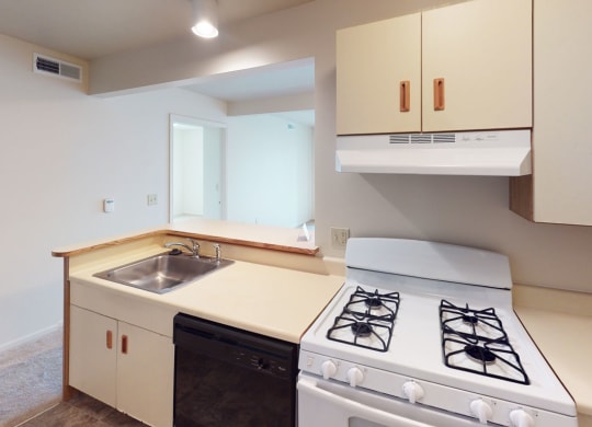 a two bedroom kitchen with a gas stove, dishwasher,  and a sink at Liberty Mills Apartments, Fort Wayne