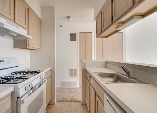 Lily Layout Model Kitchen with Gas Range at The Harbours Apartments, MI 48038