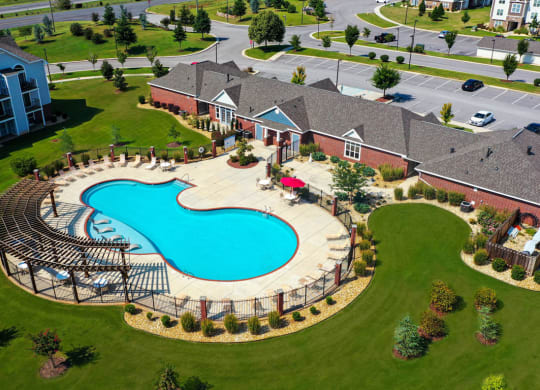 Aerial View of Outdoor Pool and Clubhouse at Limestone Creek Apartment Homes, Madison, Alabama
