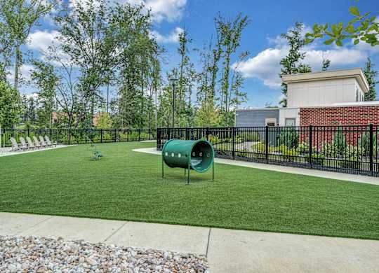 A green trash can sits in the middle of a grassy yard