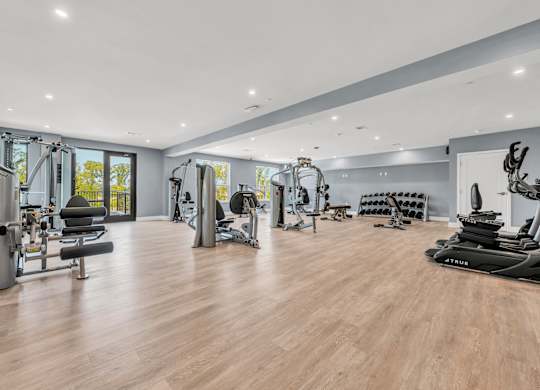 A spacious gym with a variety of equipment at Luxe 360 on Centerpointe Apartments, Virginia