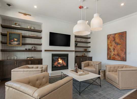 A living room with a fireplace and a painting on the wall at Luxe 360 on Centerpointe Apartments, Midlothian, 23114