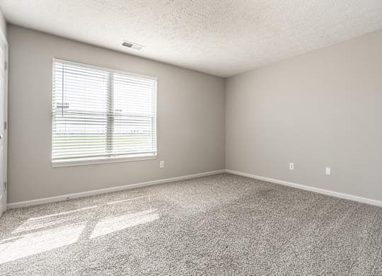 A room with a carpeted floor and a window with blinds at Mallard Bay Apartments, Crown Point, Indiana