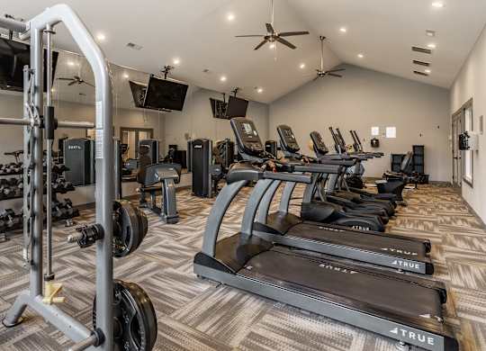 A gym with a variety of equipment including treadmills and weight machines at Mallard Bay Apartments, Crown Point, Indiana