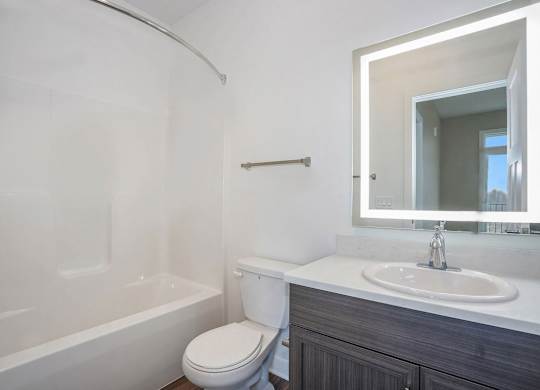 A bathroom with a bathtub, sink, and a lighted mirror at Meadowbrooke Apartment Homes in Kentwood, MI 49512