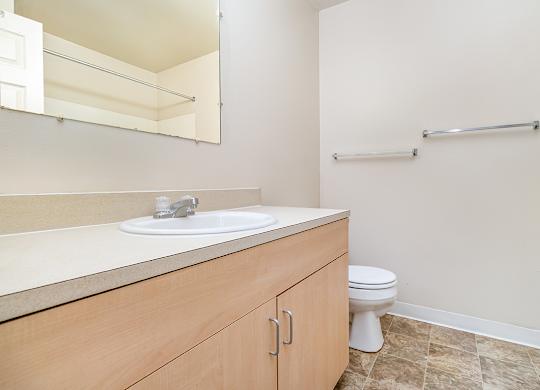 A bathroom with a toilet, sink, and a mirror at Mount Royal Townhomes, Michigan