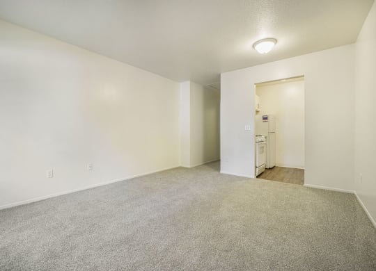 a spacious living room with carpeting and a kitchen in the distance at Newport Village Apartments, Portage, MI