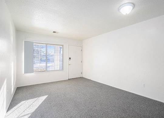 A living room with a carpeted floor, a window, and a door at Newport Village Apartments, Portage, MI